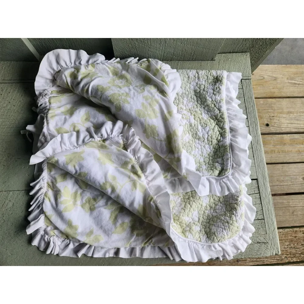 Pair Cottage Shabby Chic Farm Victoria Hill Std Quilted shams sage green & white